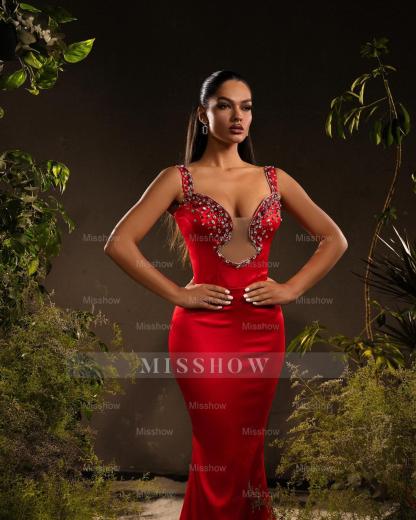 Designer Mermaid Satin Off-The-Shoulder Sleeveless Red Prom Dress With Rhinestone