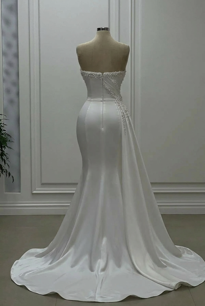Designer Mermaid Satin Strapless Sleeveless Ivory Wedding Dress With Beading