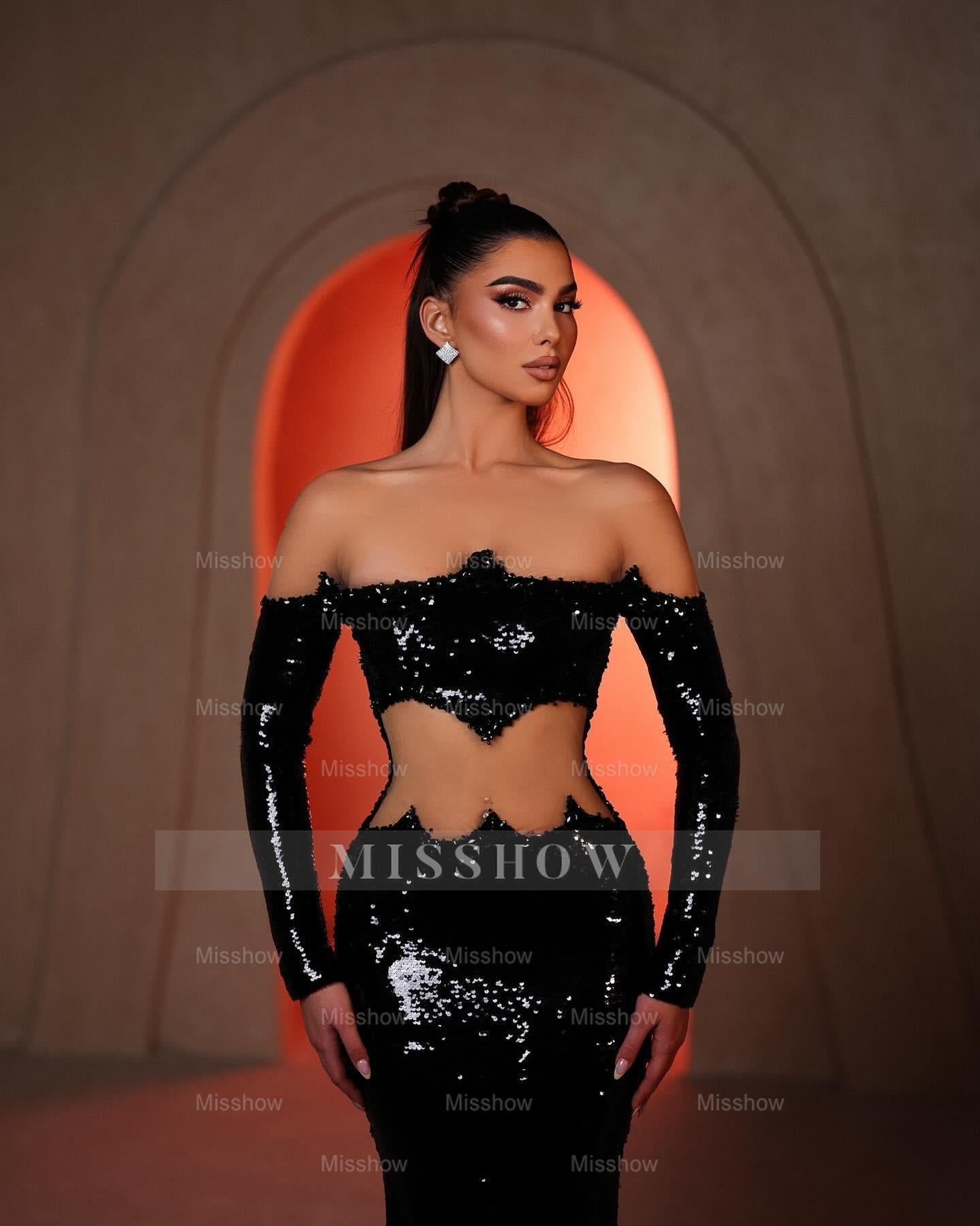 Designer Mermaid Strapless Long Sleeve Sequined Black Prom Dress
