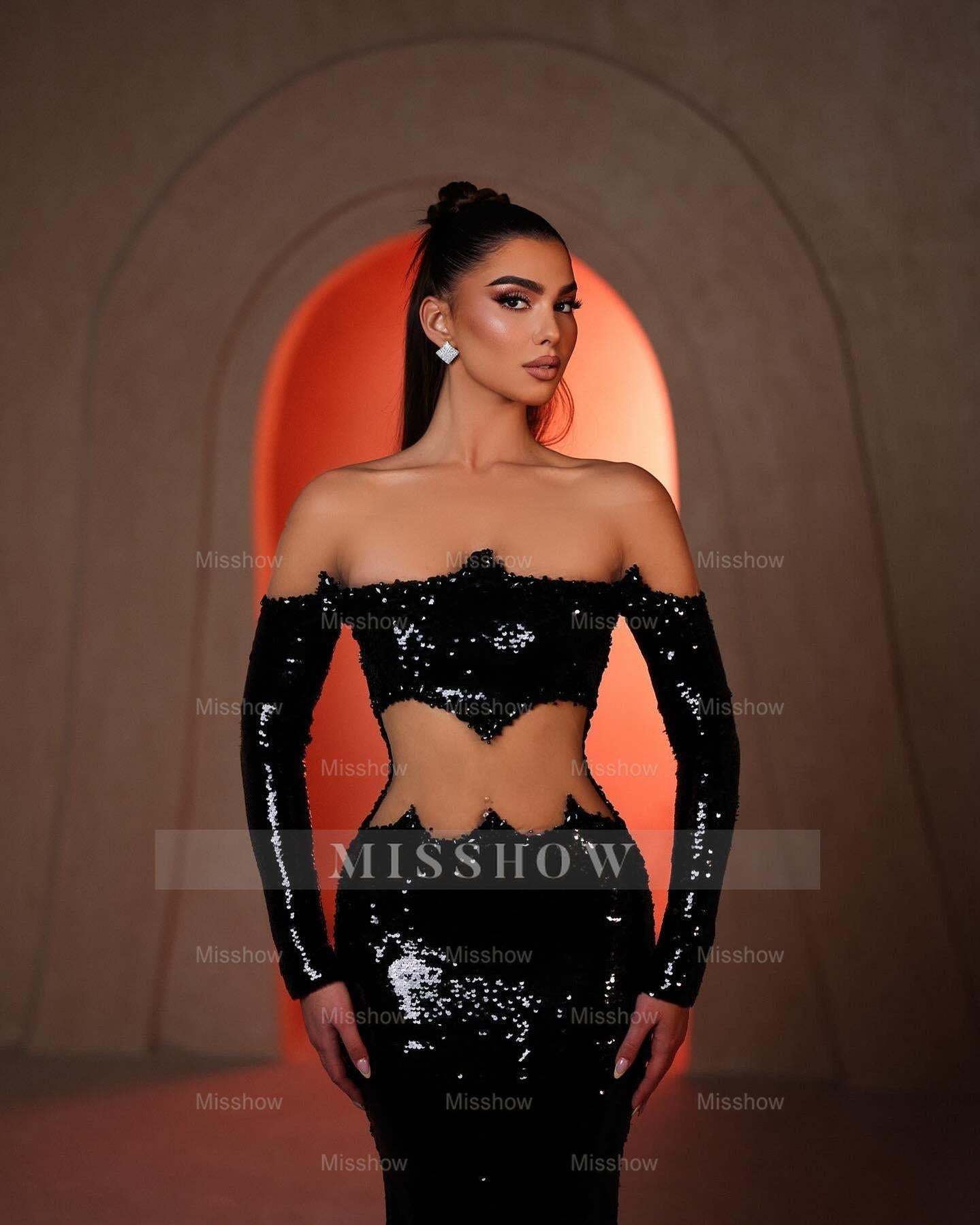 Designer Mermaid Strapless Long Sleeve Sequined Black Prom Dress