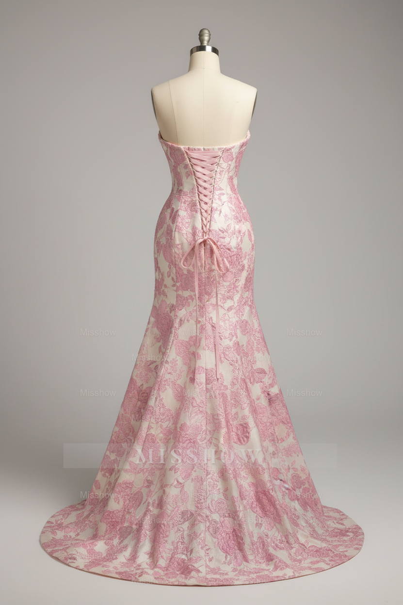 Designer Pink Floral Embroidered Mermaid Prom Dress with Crystal Beaded Corset