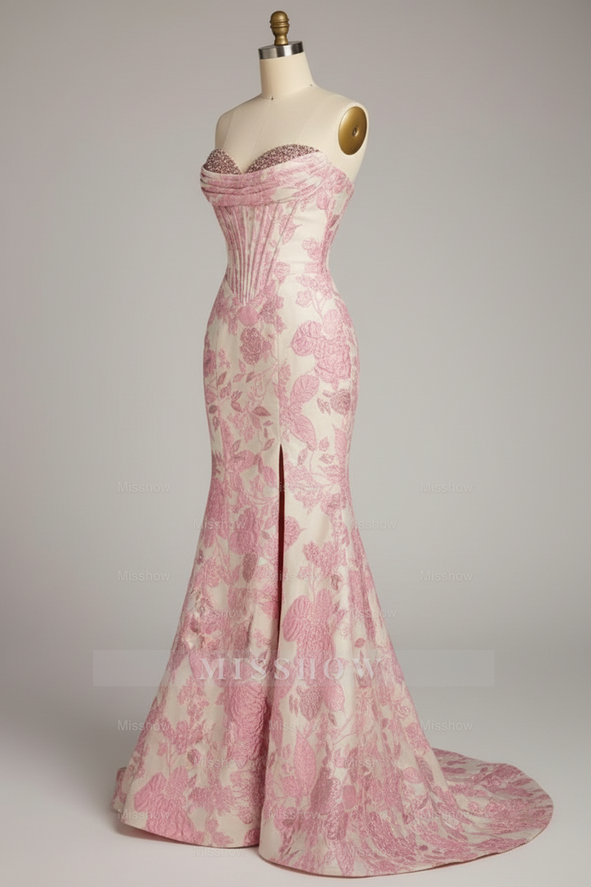 Designer Pink Floral Embroidered Mermaid Prom Dress with Crystal Beaded Corset