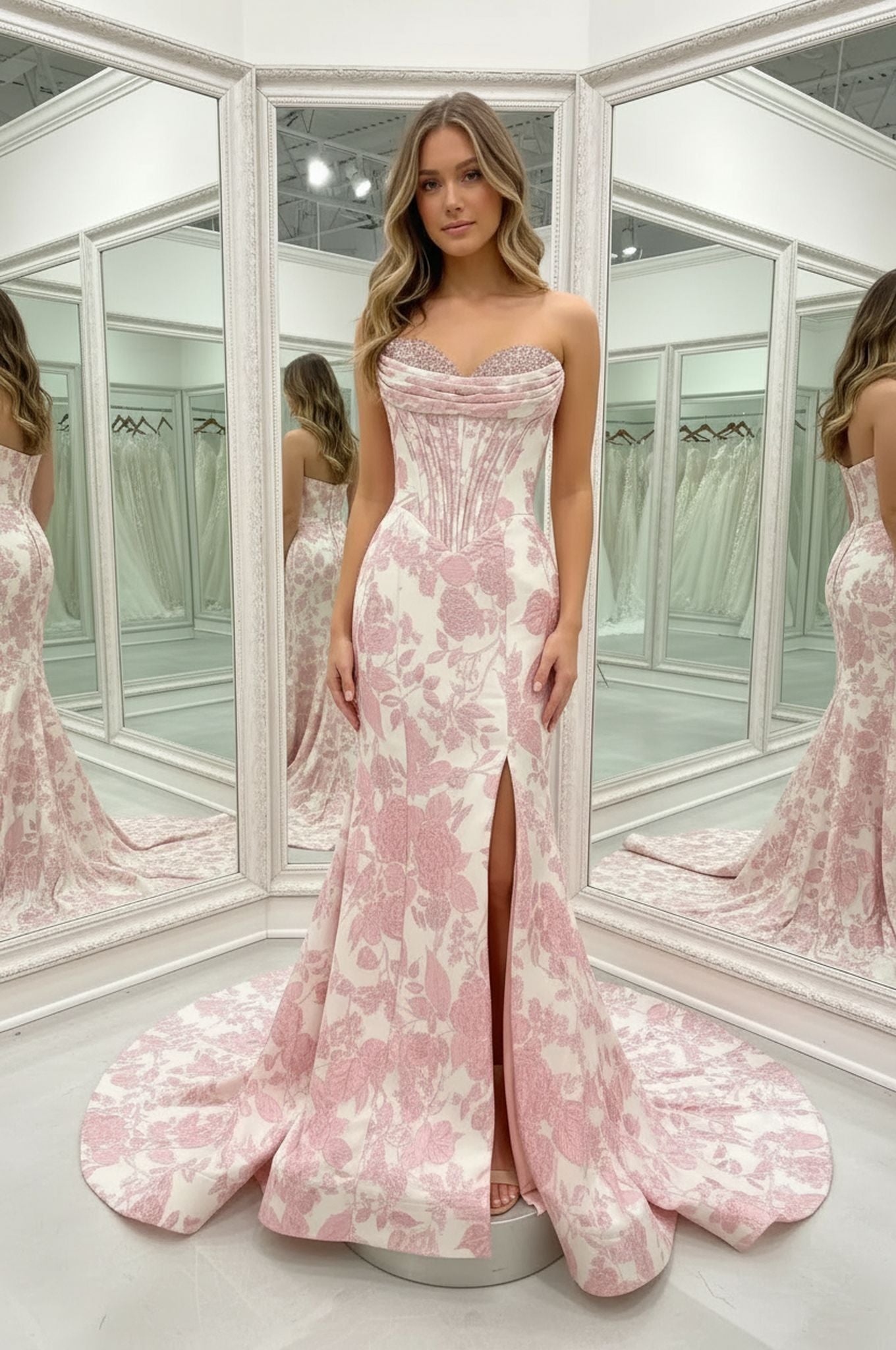 Designer Pink Floral Embroidered Mermaid Prom Dress with Crystal Beaded Corset