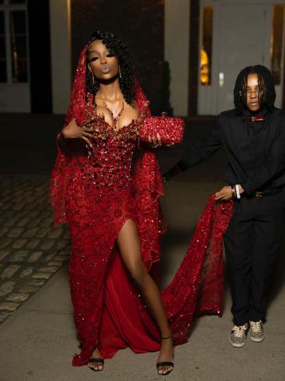 Designer Red V-Neck Sleeveless Mermaid Prom Dress with Sequins and Slit