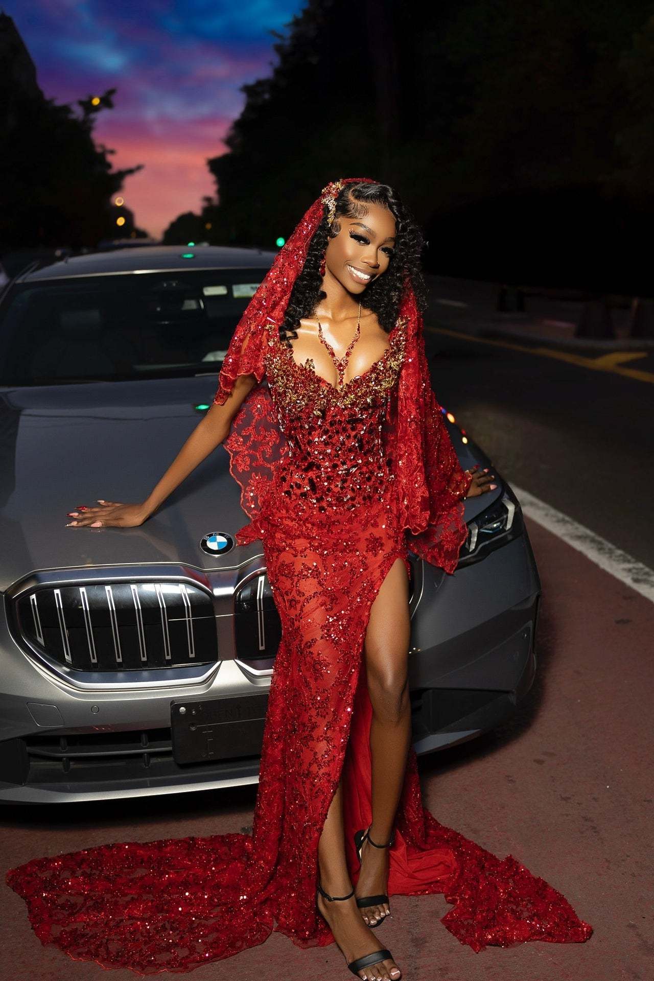 Designer Red V-Neck Sleeveless Mermaid Prom Dress with Sequins and Slit