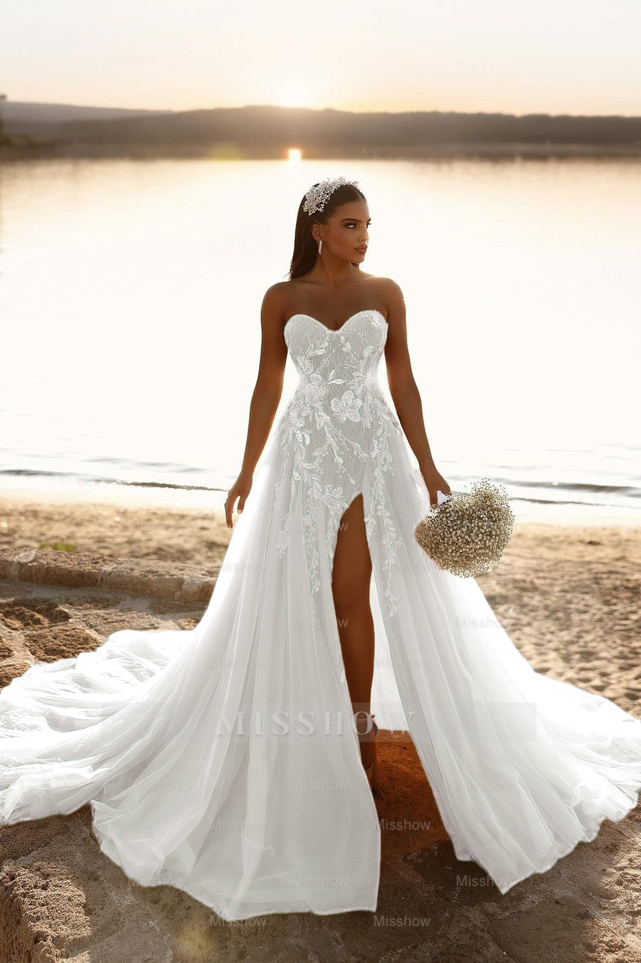 Designer Sweetheart Long A-line Glitter Lace Wedding Dress With Slit
