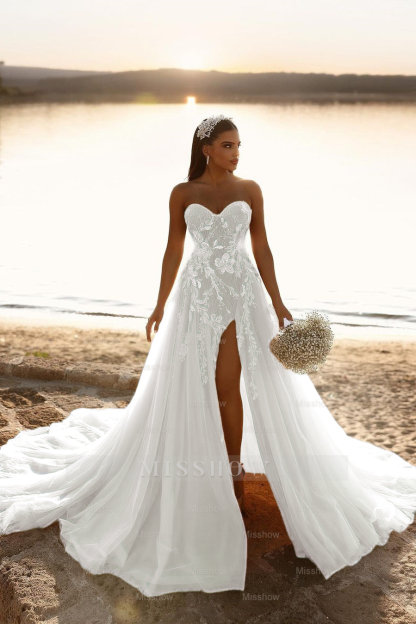 Designer Sweetheart Long A-line Glitter Lace Wedding Dress With Slit