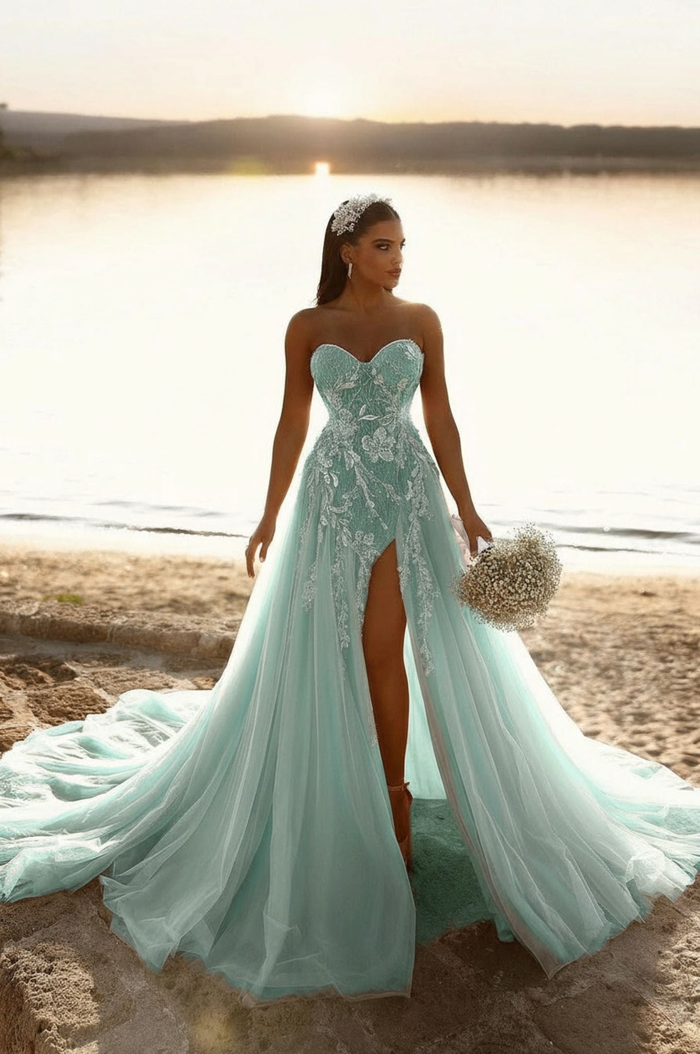Designer Sweetheart Long A-line Glitter Lace Wedding Dress With Slit