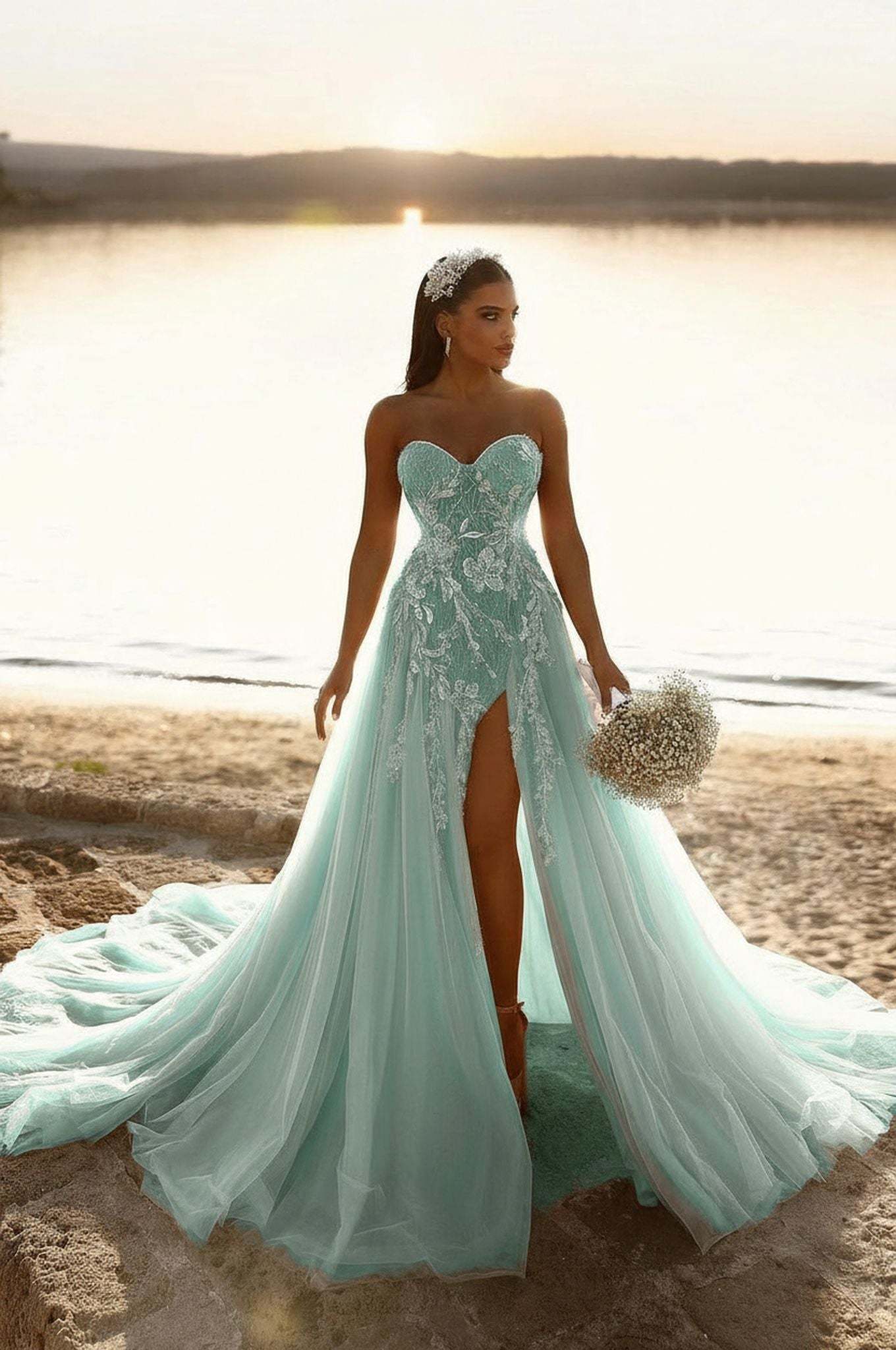 Designer Sweetheart Long A-line Glitter Lace Wedding Dress With Slit