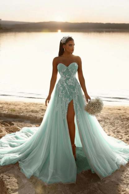 Designer Sweetheart Long A-line Glitter Lace Wedding Dress With Slit