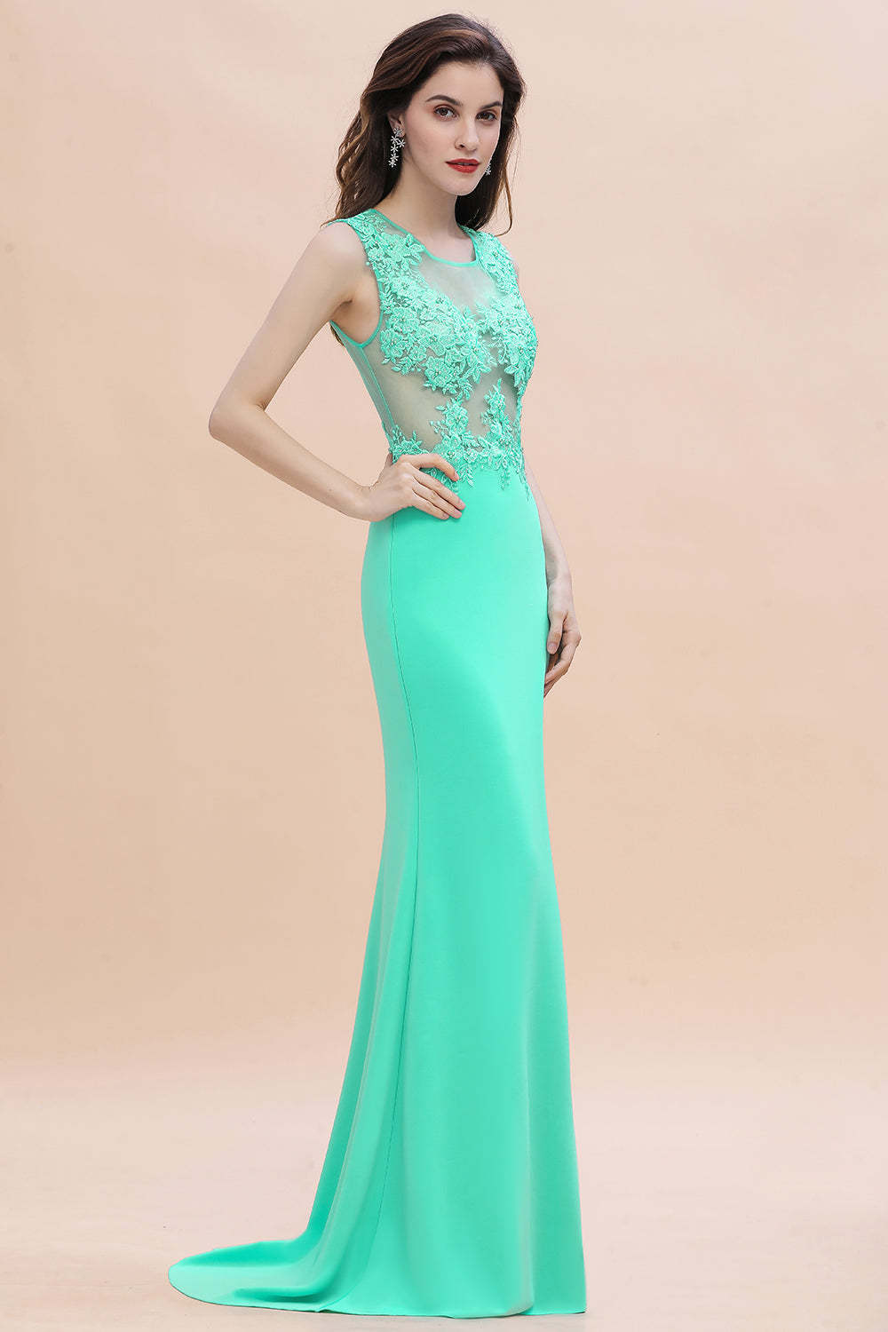 Designer Turquoise Crew neck Cap sleeve Lace appliques Curves/Mermaid Floor Length Dress