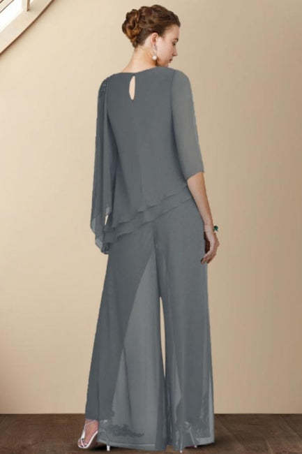 Designer Two Pieces Mother of The Bride Suit Chiffon Scoop Half Sleeve Bridesmaid Dresses With Ruffles