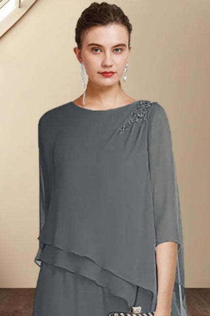 Designer Two Pieces Mother of The Bride Suit Chiffon Scoop Half Sleeve Bridesmaid Dresses With Ruffles