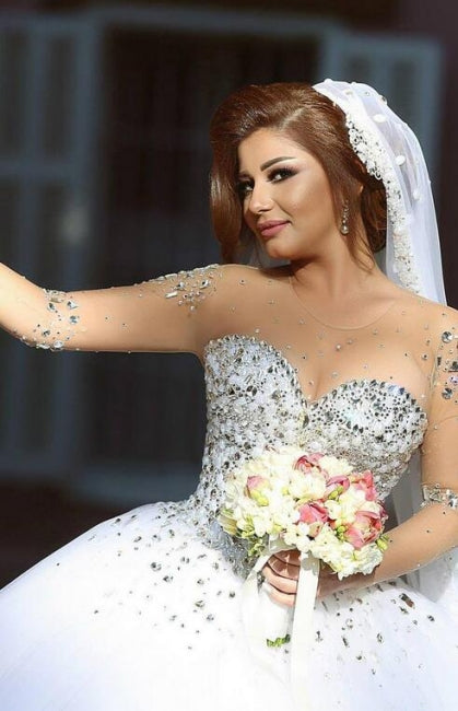 Designer Wedding Dresses With Sleeves A-line Tulle Crystal Wedding Dresses