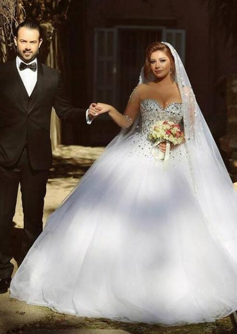 Designer Wedding Dresses With Sleeves A-line Tulle Crystal Wedding Dresses