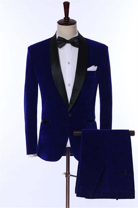 Contemporary Navy Blue Shawl Collar Two-Piece Velvet Groom's Suit