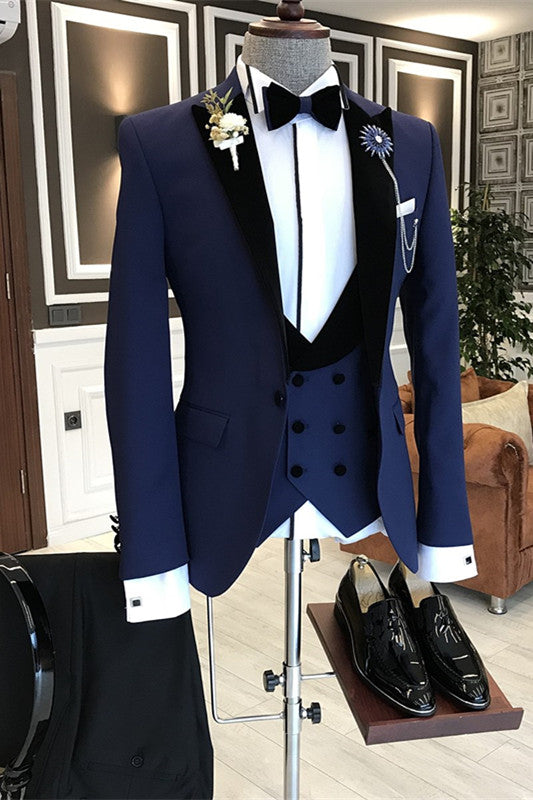 Navy Blue Custom Three-Piece Business Suit with Black Peaked Lapel