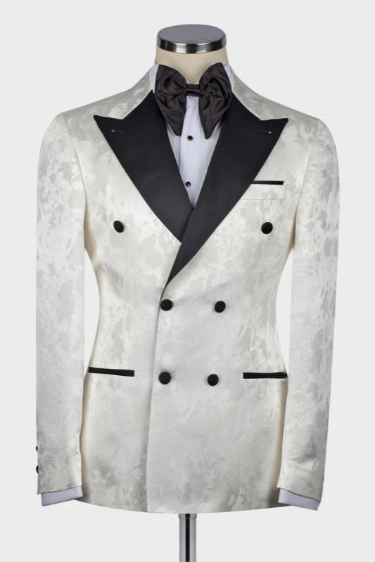 White Jacquard Double-Breasted Wedding Suit with Black Peaked Lapel