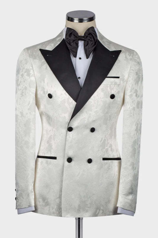 White Jacquard Double-Breasted Wedding Suit with Black Peaked Lapel