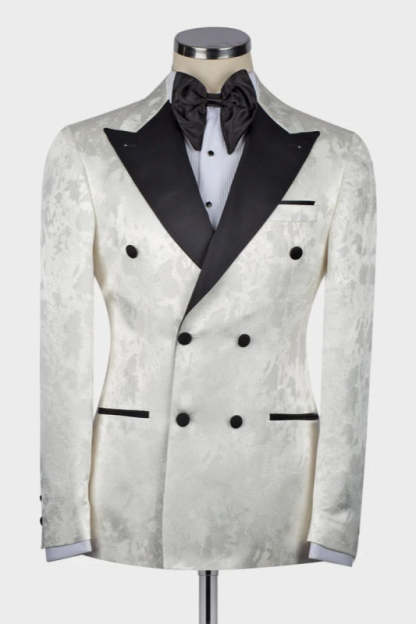 White Jacquard Double-Breasted Wedding Suit with Black Peaked Lapel