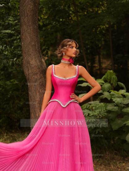 Double shoulder straps Sleeveless Long Formal Dress With Pleated Sequin