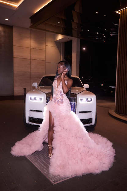 Dreamy Long Pink V-Neck Sleeveless Mermaid Prom Dress with Ruffles and Slit