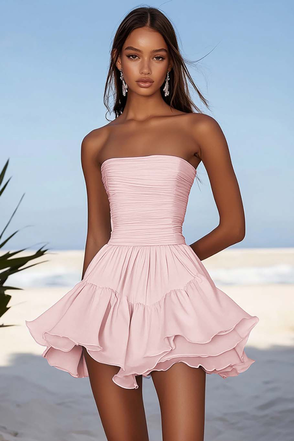 Sky Blue Chiffon Ruched Short Graduation Dress With Ruffles