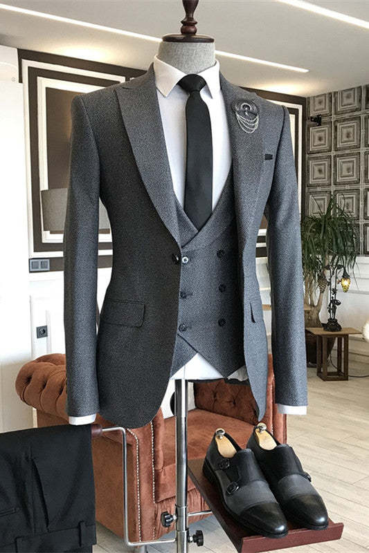 Gray Fancy Peaked Lapel Three-Piece Business Suit