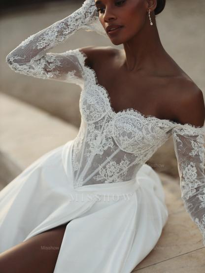 Eleagnt White Off-the-shoulder Lace Long Wedding Dress with Slit and Long Sleeves