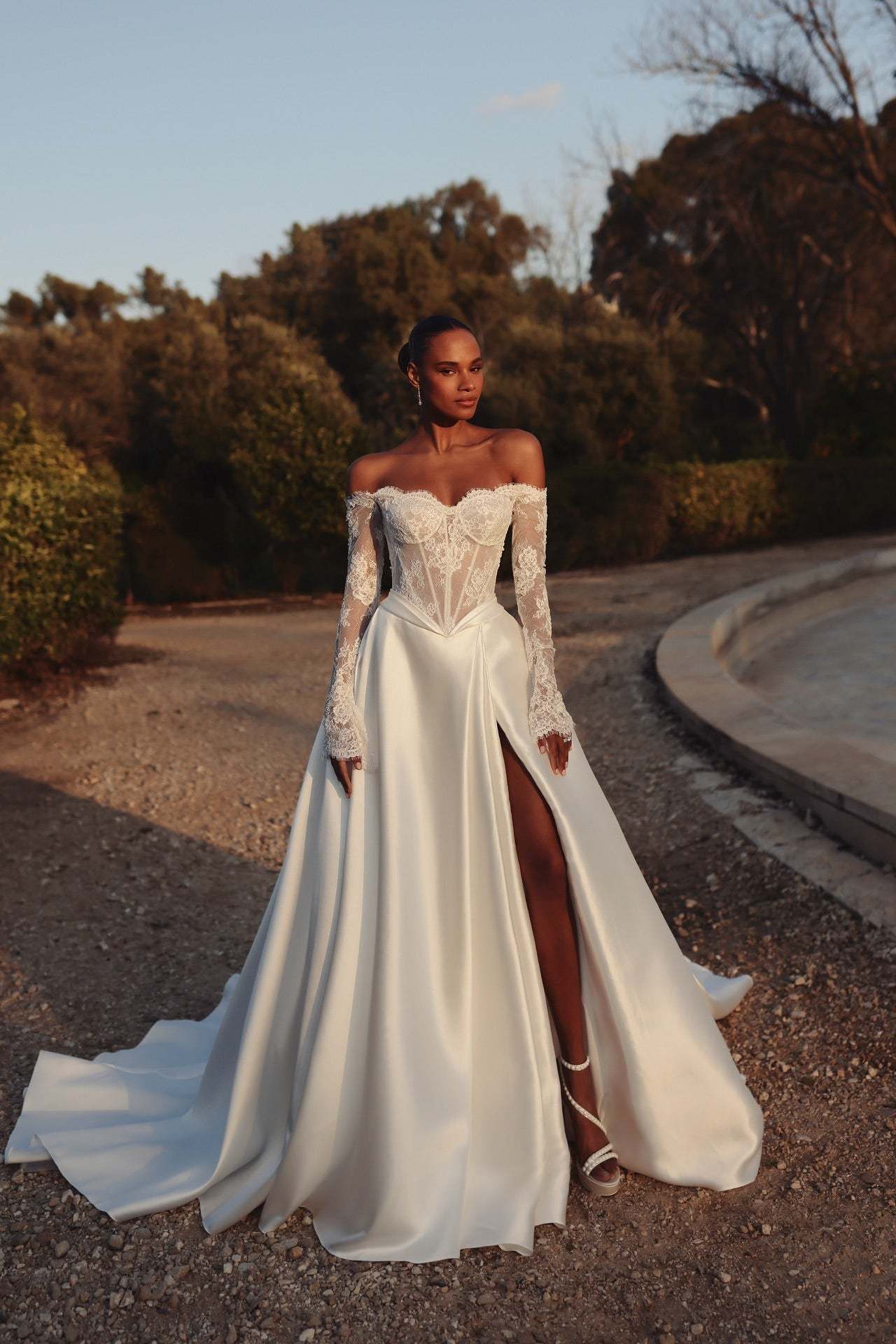 Eleagnt White Off-the-shoulder Lace Long Wedding Dress with Slit and Long Sleeves