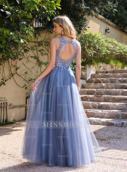 Elegant A-line Crew Neck Tulle Floor Length Dress with Appliques Dusty Blue