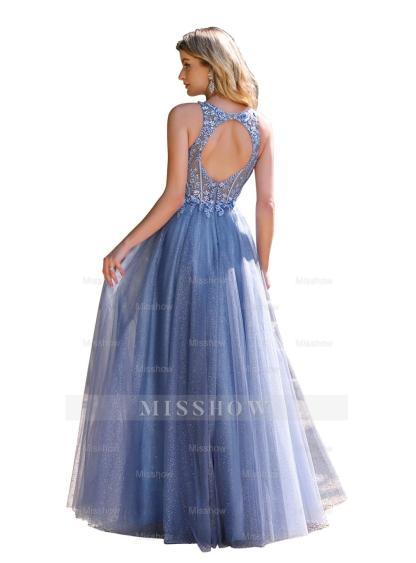 Elegant A-line Crew Neck Tulle Floor Length Dress with Appliques Dusty Blue