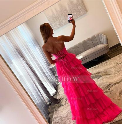 Elegant A-line Long Fuchsia Strapless Chiffon Prom Dress with Slit