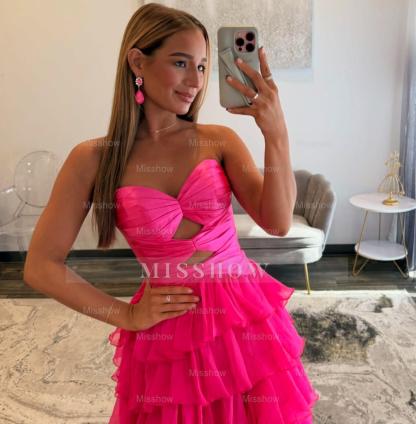 Elegant A-line Long Fuchsia Strapless Chiffon Prom Dress with Slit