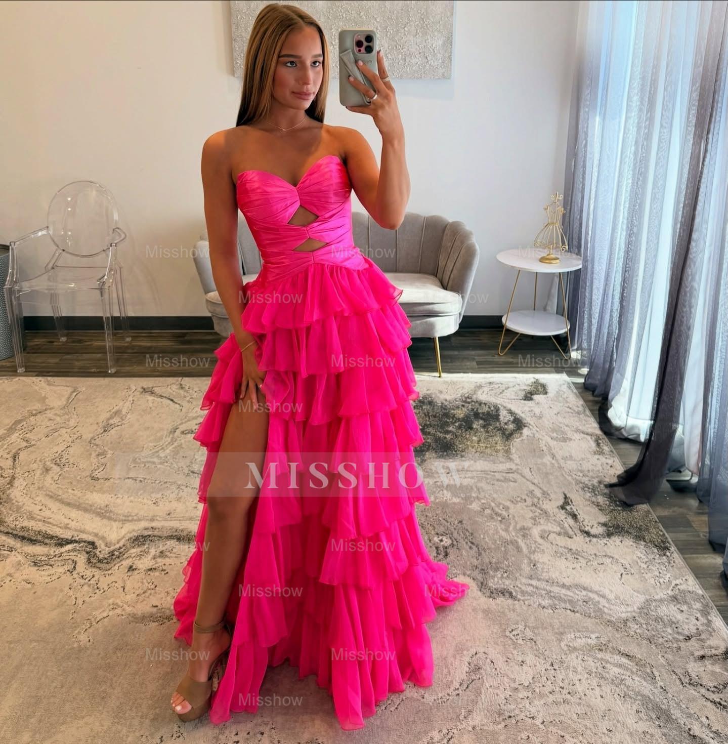 Elegant A-line Long Fuchsia Strapless Chiffon Prom Dress with Slit