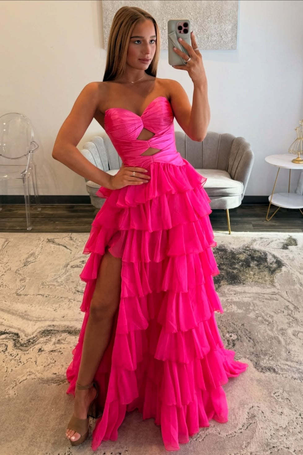 Elegant A-line Long Fuchsia Strapless Chiffon Prom Dress with Slit