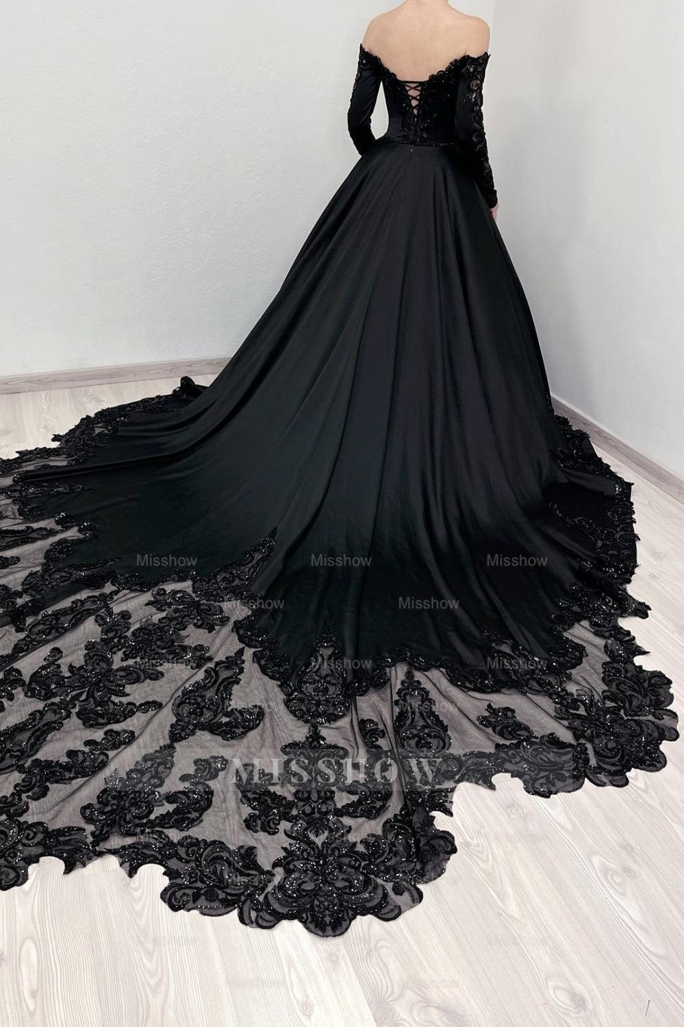 Elegant Black A-Line V-Neck Lace Off-The-Shoulder Long Sleeves Beading Sequined Cathedral Train Satin Ball Gown Evening Dresses