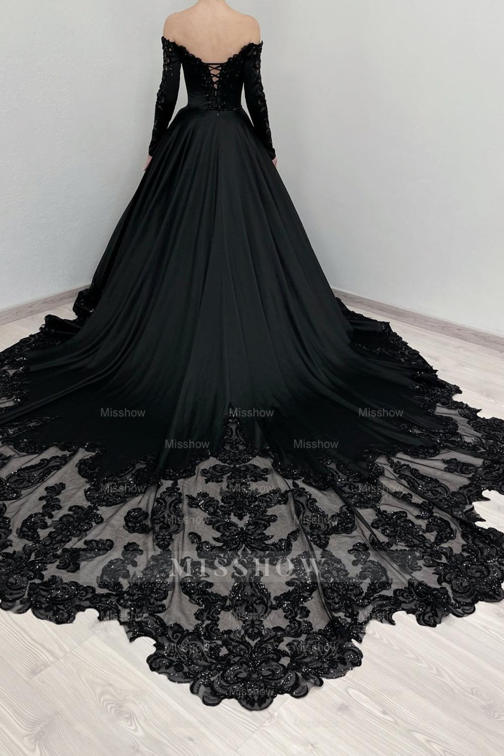 Elegant Black A-Line V-Neck Lace Off-The-Shoulder Long Sleeves Beading Sequined Cathedral Train Satin Ball Gown Evening Dresses