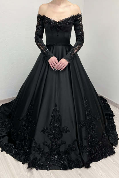 Elegant Black A-Line V-Neck Lace Off-The-Shoulder Long Sleeves Beading Sequined Cathedral Train Satin Ball Gown Evening Dresses