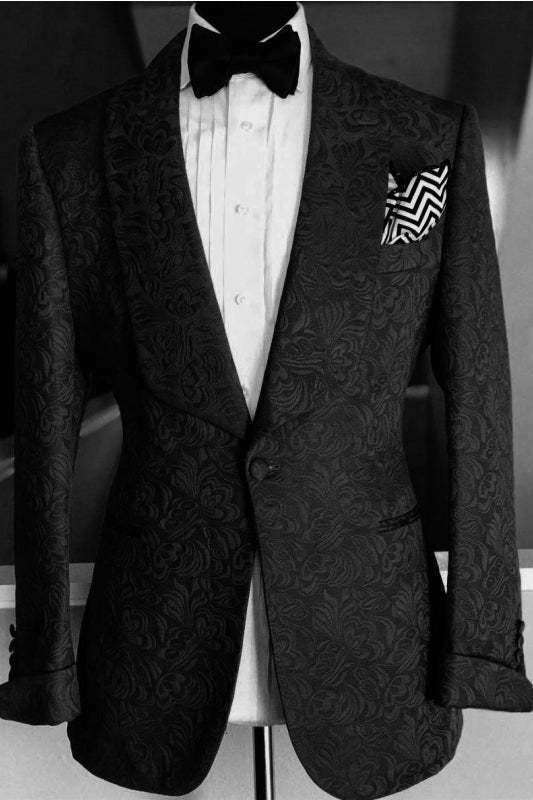 Elegant Black Jacquard Shawl Lapel Two-Piece Wedding Suit