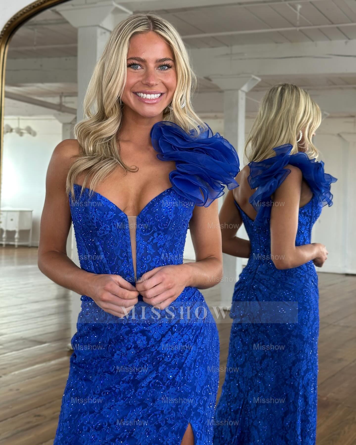 Elegant Blue One-Shoulder Sleeveless Lace Column Prom Dress with Front Split