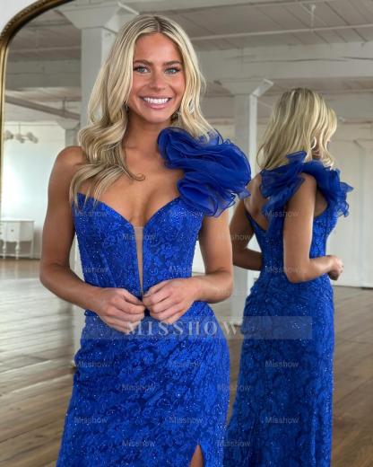 Elegant Blue One-Shoulder Sleeveless Lace Column Prom Dress with Front Split