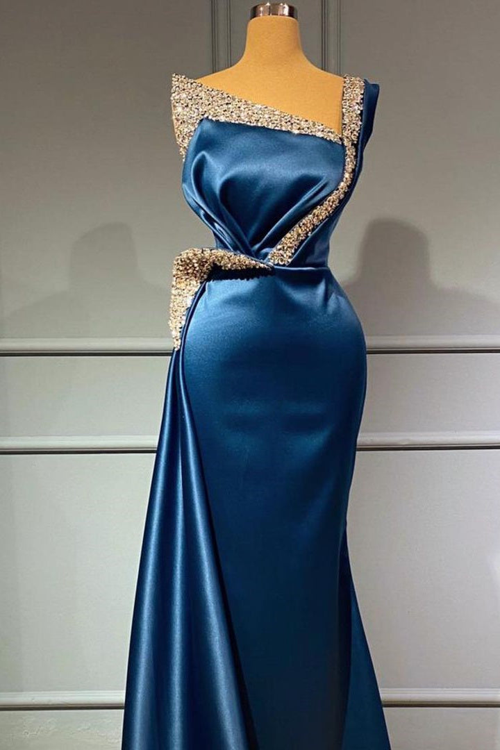 Elegant Blue Sleeveless Evening Dress Long Formal Dresses with Glitter