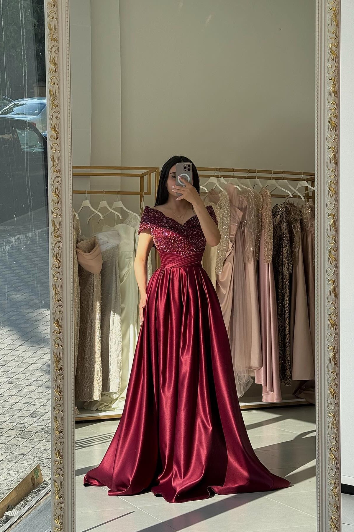 Elegant Burgundy Off-The-Shoulder Sleeveless A-Line Formal Dress with Beadings and Sequins