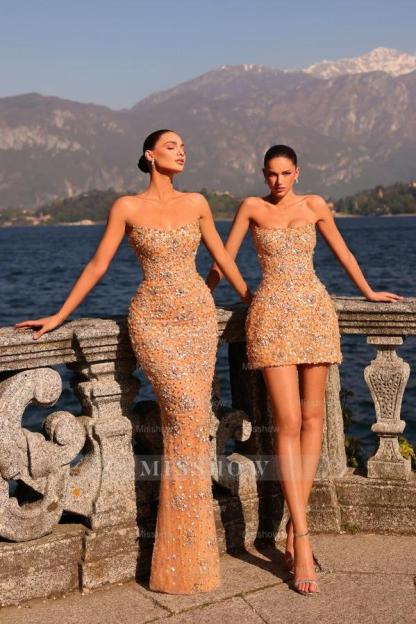 Elegant Champagne Sleeveless Strapless Lace Mermaid Prom Dress with Rhinestones