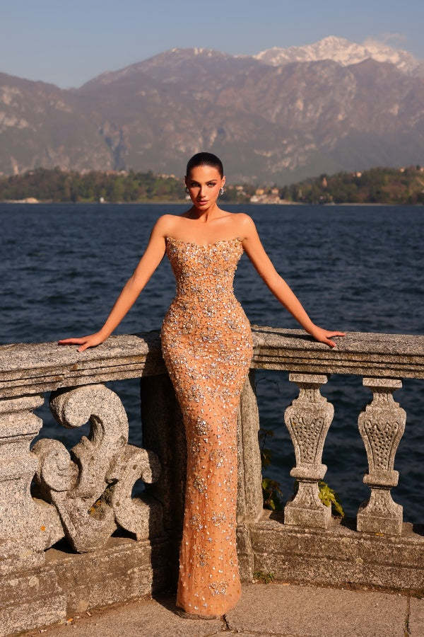 Elegant Champagne Sleeveless Strapless Lace Mermaid Prom Dress with Rhinestones