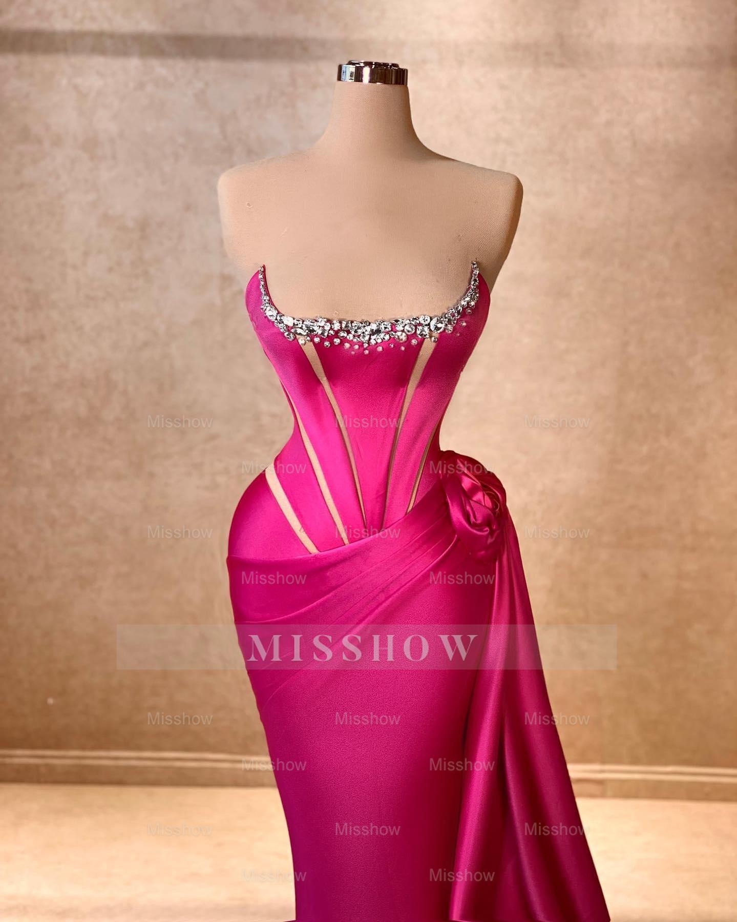 Elegant Column Square Sleeveless Rhinestone Satin Fuchsia Long Prom Dress