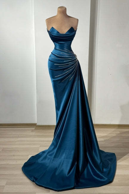Elegant Dark Blue Sweetheart Sleeveless Beaded Column Panel Train Long Satin Formal Dresses With Ruffles