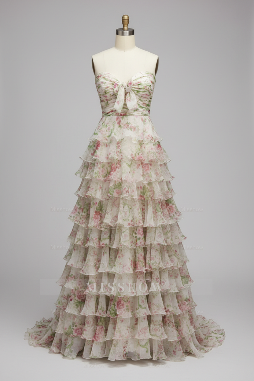 Elegant Floral Print Strapless Tiered Ruffle Prom Dress with Corset Back and High Slit