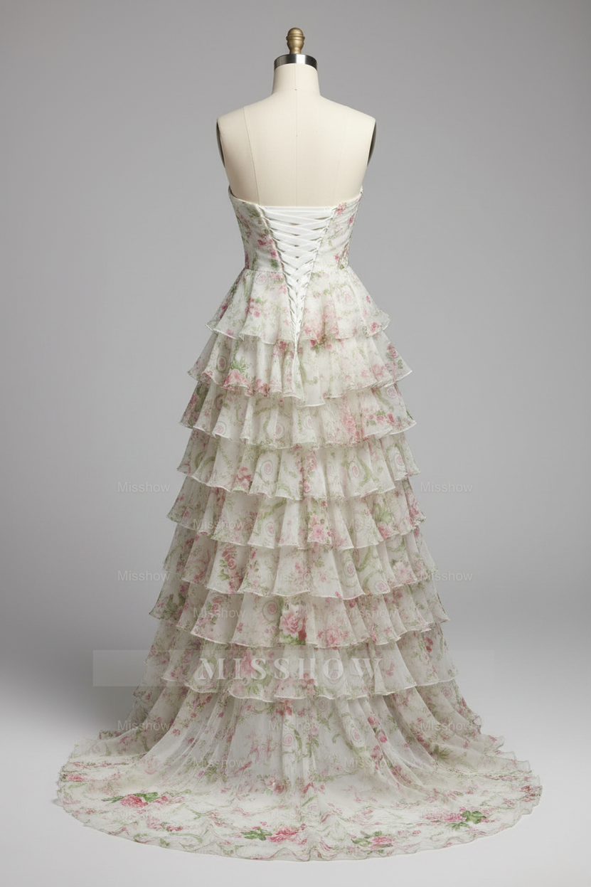 Elegant Floral Print Strapless Tiered Ruffle Prom Dress with Corset Back and High Slit